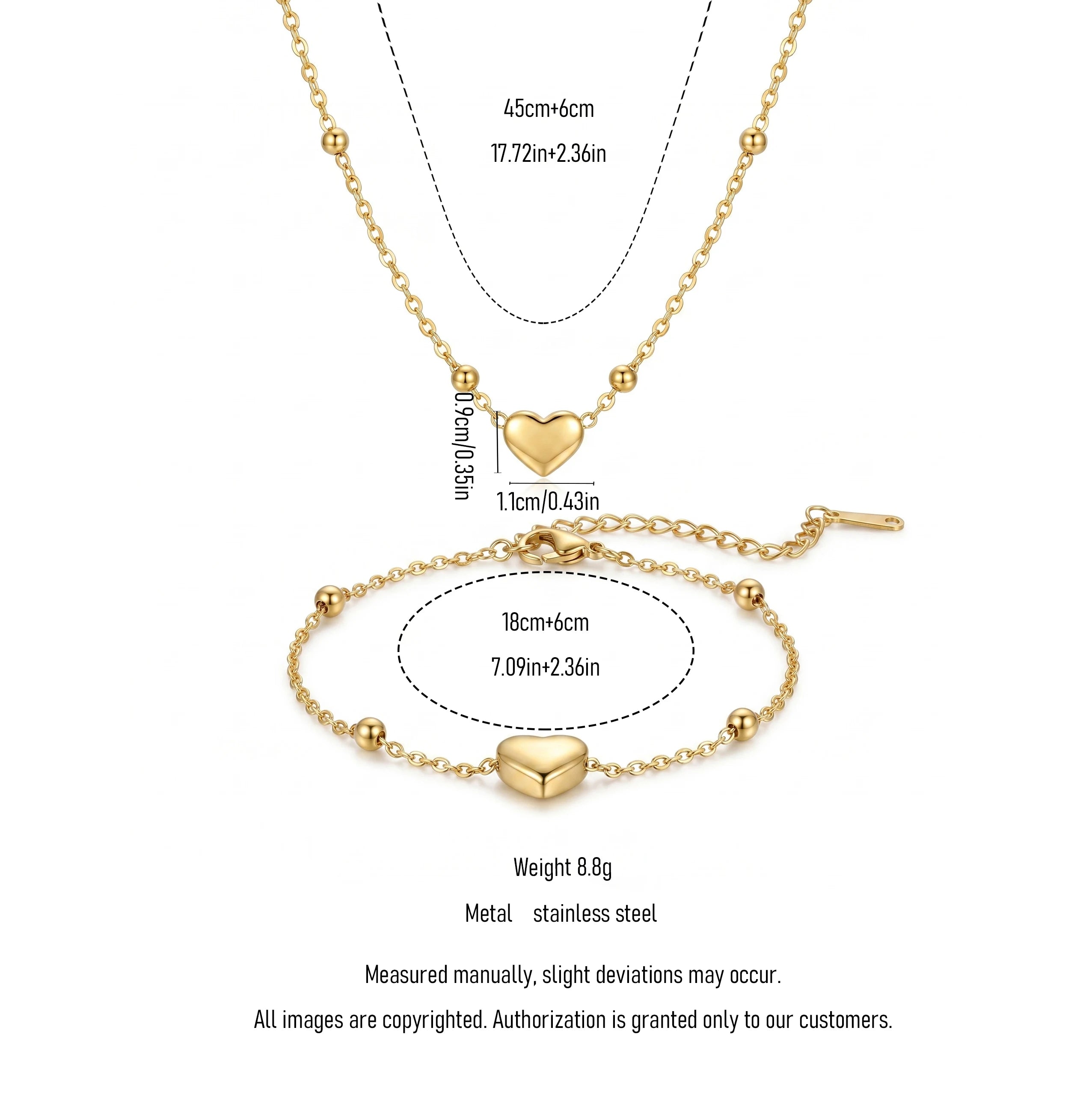 QIAOREN 12858 18K Gold Plated Puffy Heart Necklace Bracelet Set, Waterproof Tarnish Free Stainless Steel Jewelry for Women