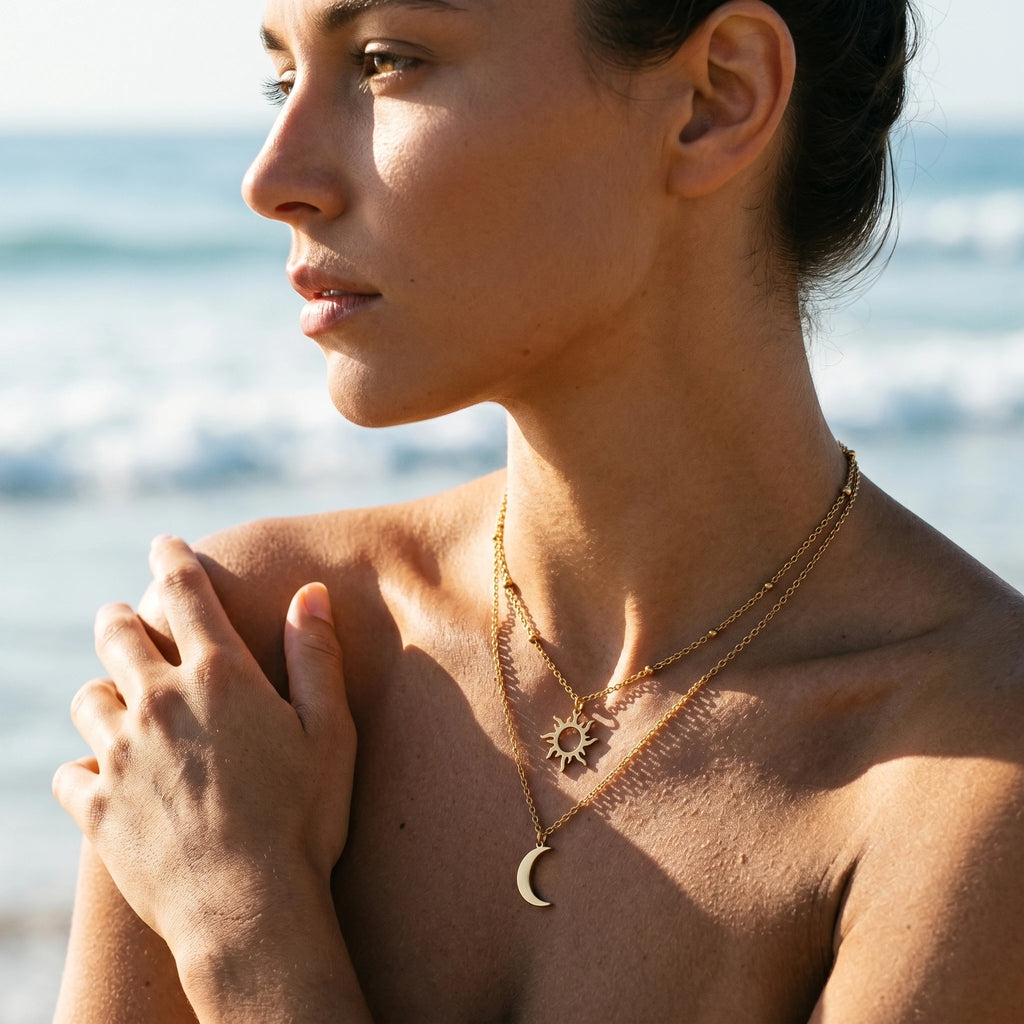 QIAOREN 10649 Boho Style Sun Crescent Moon Layered Link Chain Necklace 18K Gold Plated Stainless Steel Nickel-Free Jewelry
