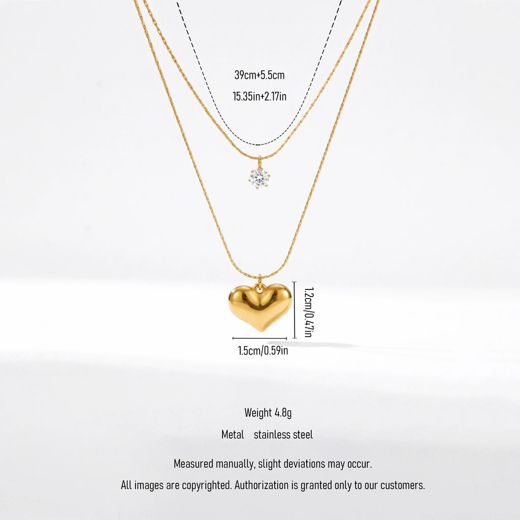 QIAOREN 13481 Dainty Double Layer Snake Chain Necklace with Tiny Round Zircon & Puffy Heart Pendants, Minimalist Layering