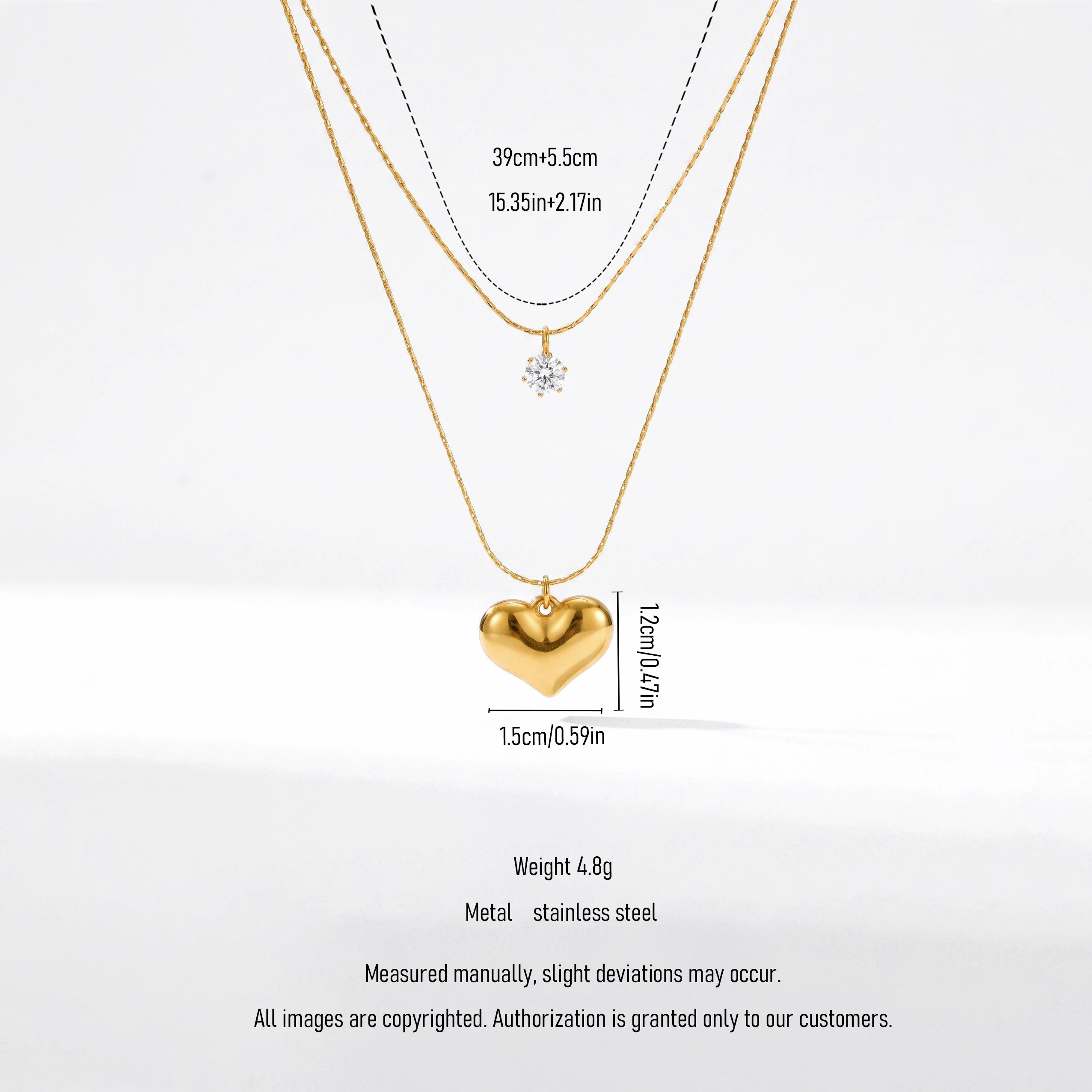 QIAOREN 13481 Dainty Double Layer Snake Chain Necklace with Tiny Round Zircon & Puffy Heart Pendants, Minimalist Layering