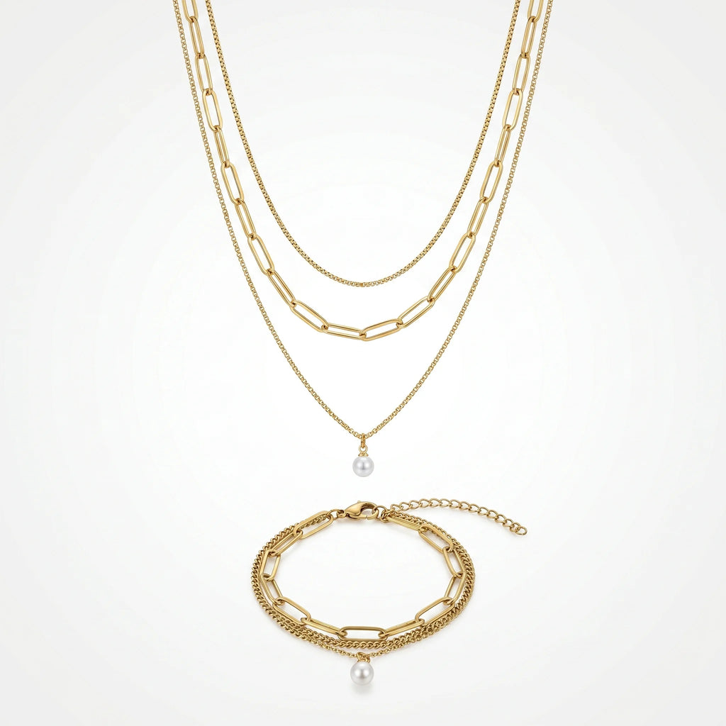 QIAOREN 11515 18K Gold Plated 3 Layered Pearl Pendant Necklace Bracelet Set Stainless Steel Tarnish Resistant