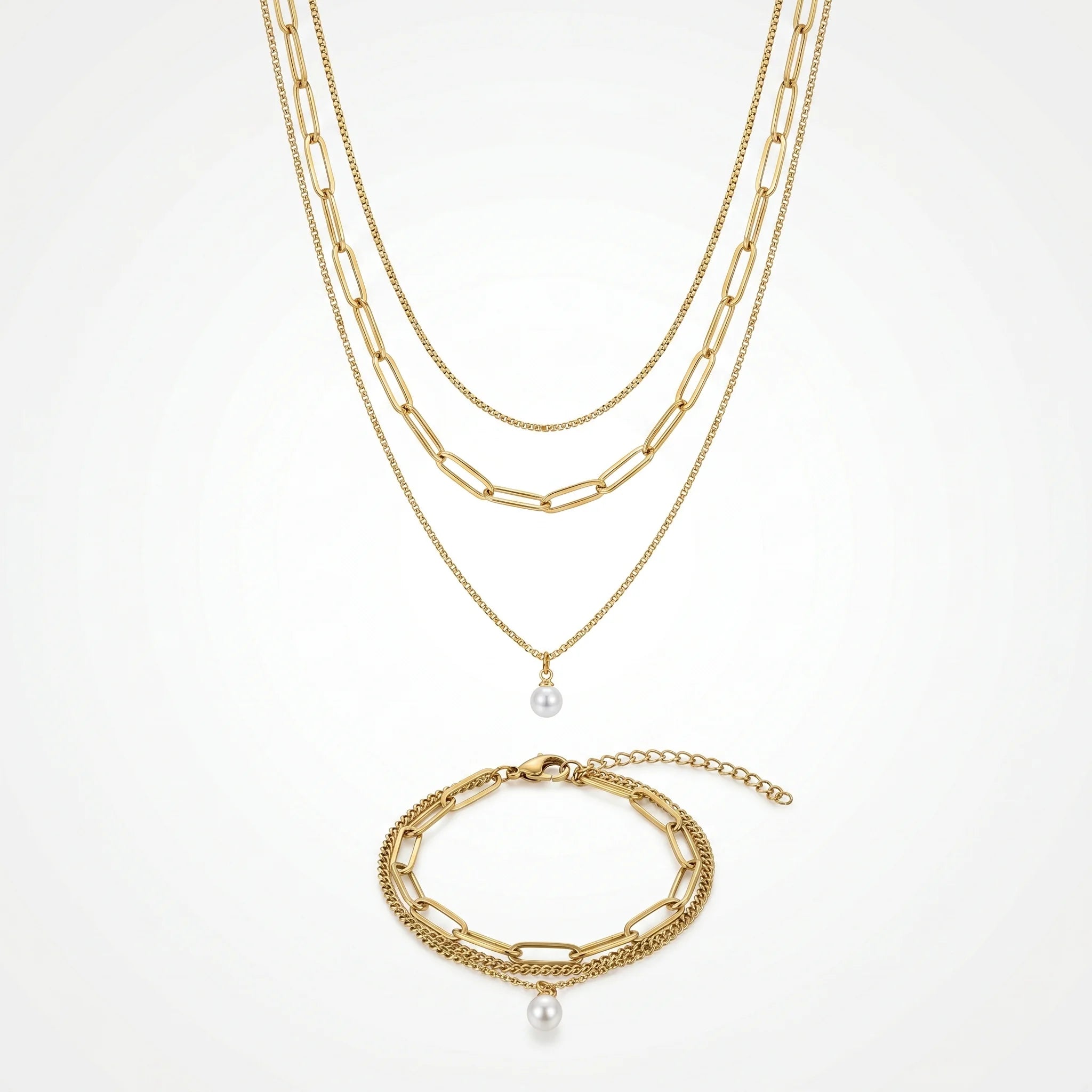 QIAOREN 11515 18K Gold Plated 3 Layered Pearl Pendant Necklace Bracelet Set Stainless Steel Tarnish Resistant