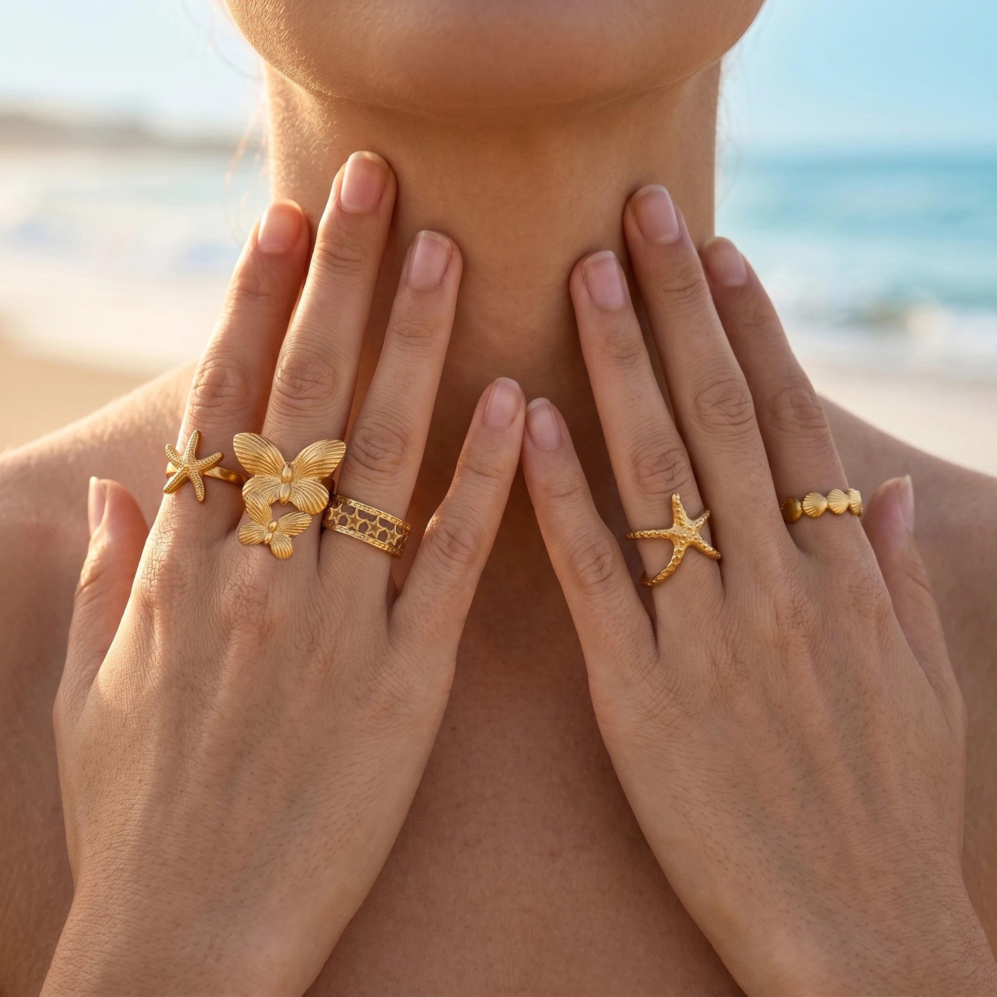 QIAOREN 13116-20 5Pcs 18K Gold Plated Stainless Steel Open Ring Set, Adjustable Stackable Durable Finger Rings