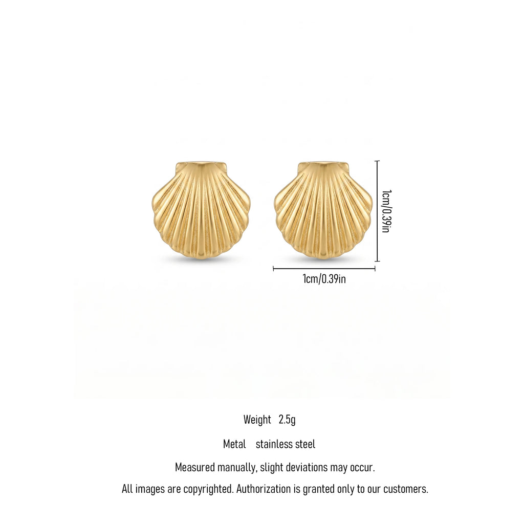 QIAOREN 11864 Waterproof Tarnish Free Stainless Steel Shell Stud Earrings Gold Textured Scallop Sea Shell Ocean Jewelry Women US
