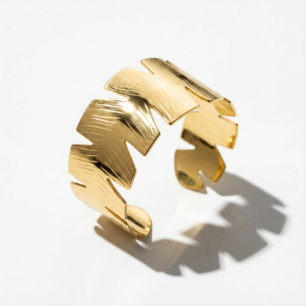 QIAOREN 12660Abstract Serrated Palm Leaf Wide Cuff Bangle Hypoallergenic Stainless Steel Gold Bracelet Beach Party Birthday Gift