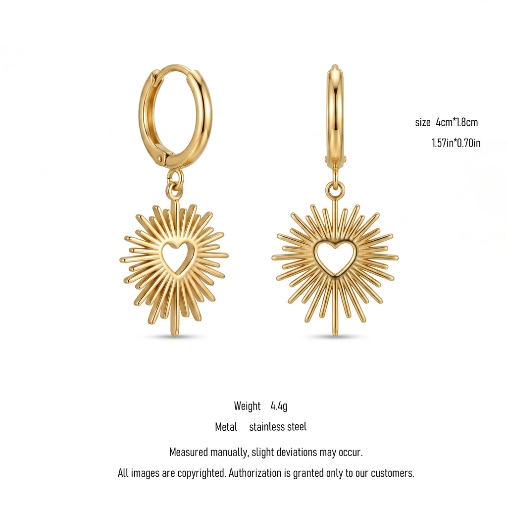 QIAOREN 10965 Romantic Heart Sunburst Earrings, 18K Gold Plated Stainless Steel Chic Statement Jewelry