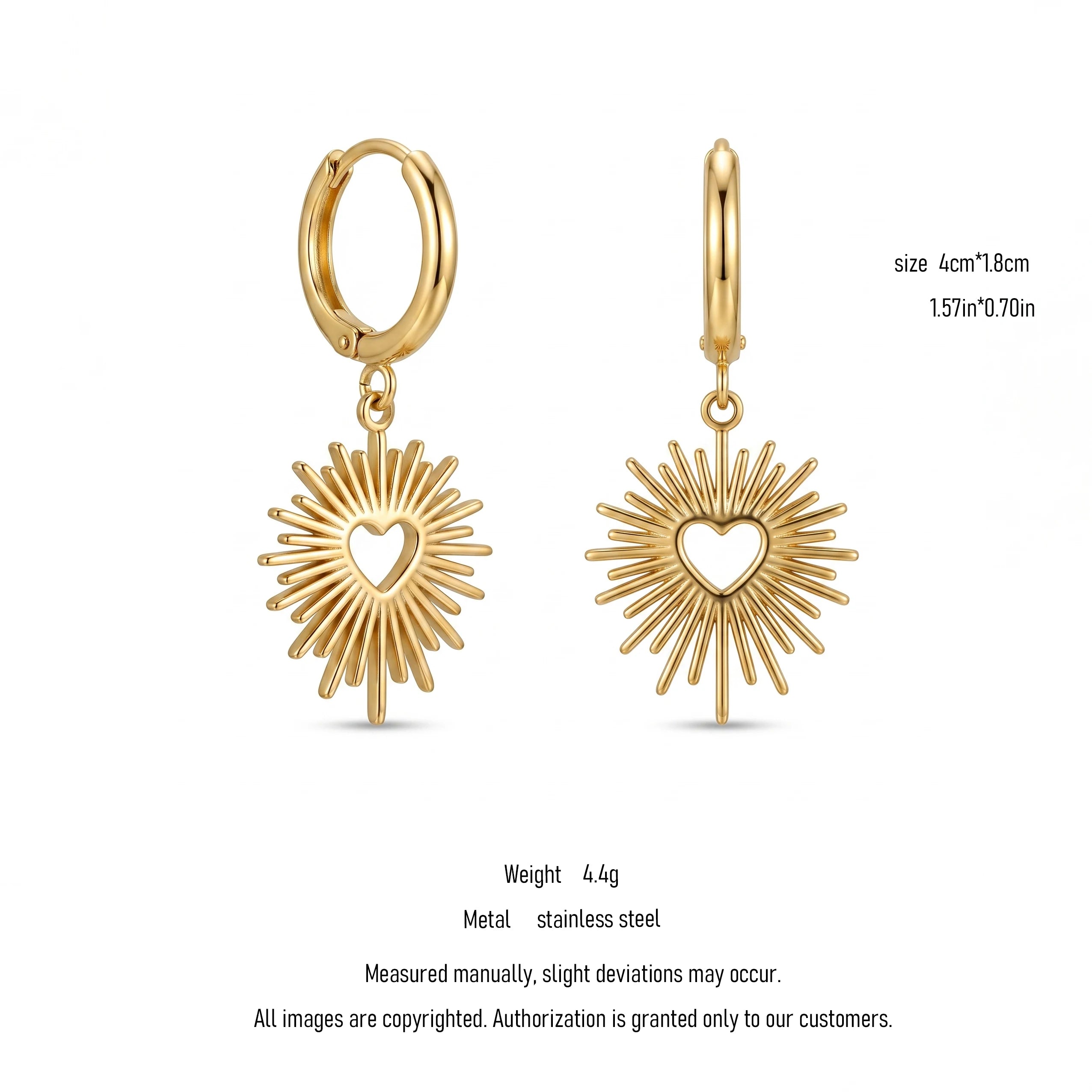 QIAOREN 10965 Romantic Heart Sunburst Earrings, 18K Gold Plated Stainless Steel Chic Statement Jewelry