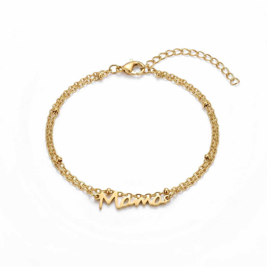 QIAOREN 11445 18K Gold Plated Cursive Mama Double Layer Bracelet With Beads Stainless Steel Tarnish Free