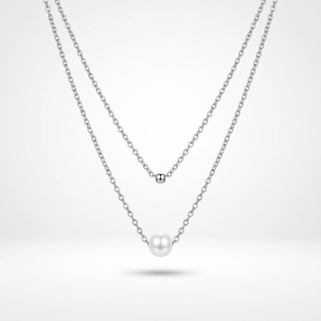 QIAOREN 11237 18K Gold Plated Layered Pearl and Gold Ball Pendant Necklace Stainless Steel Tarnish Free Waterproof Jewelry