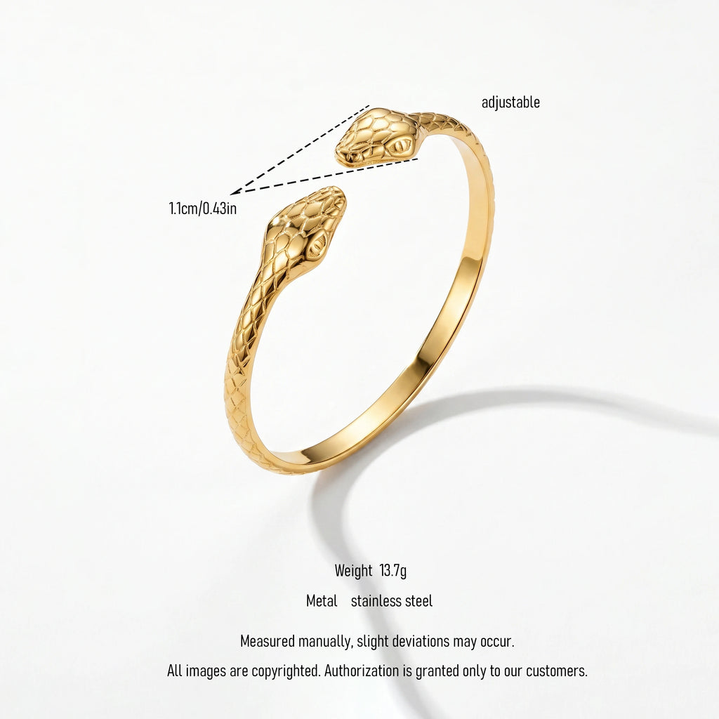 QIAOREN 12711 18K Gold Engraved Double Snake Head Open Cuff Stainless Steel Scale Textured Adjustable Stackable Trendy Women's