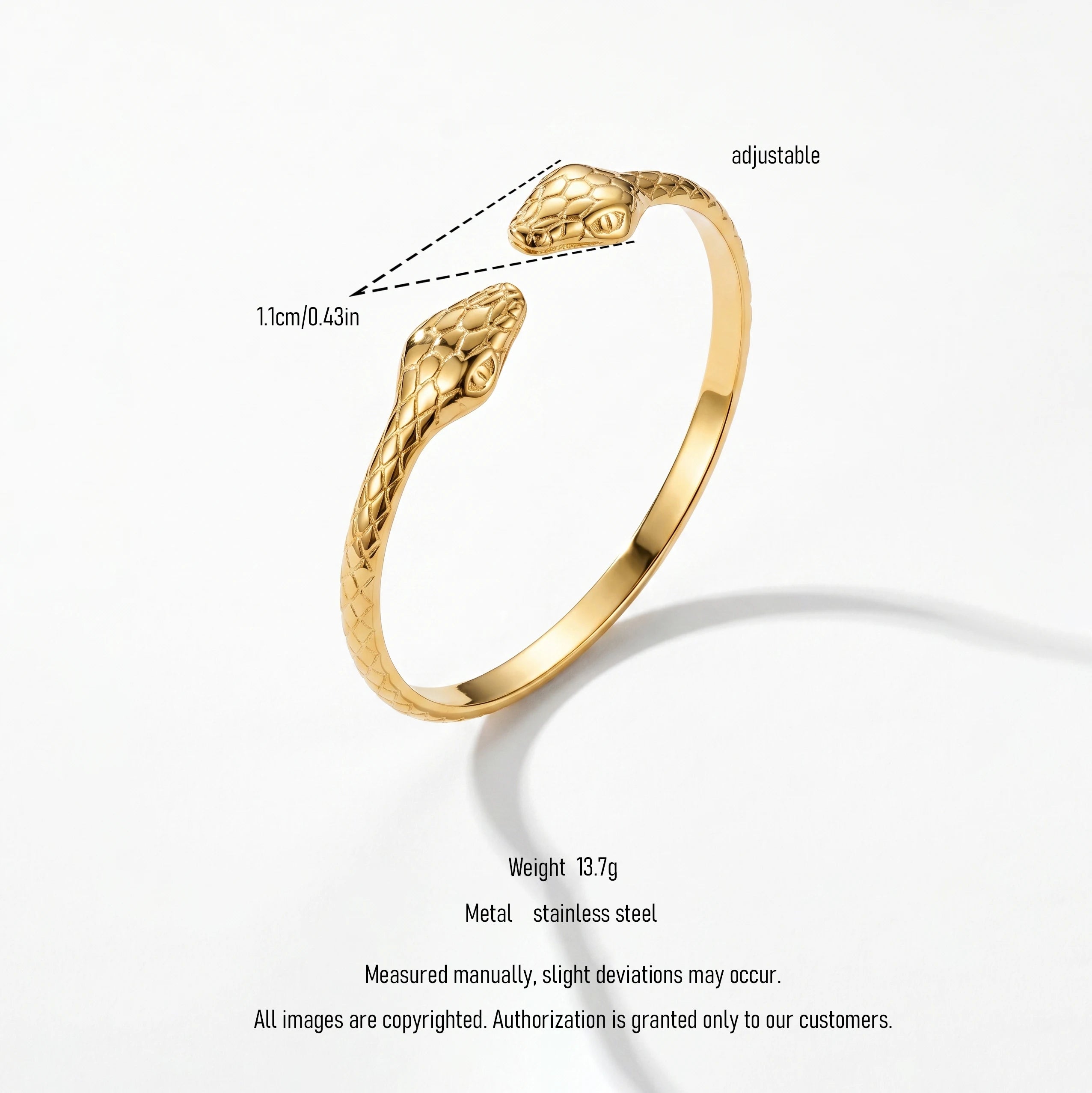 QIAOREN 12711 18K Gold Engraved Double Snake Head Open Cuff Stainless Steel Scale Textured Adjustable Stackable Trendy Women's