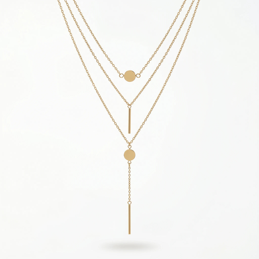 QIAOREN 11310 18K Gold Plated Triple Layered Y-Shaped Disc Bar Necklace Stainless Steel Tarnish Free Elongate Neck Jewelry