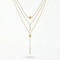 QIAOREN 11310 18K Gold Plated Triple Layered Y-Shaped Disc Bar Necklace Stainless Steel Tarnish Free Elongate Neck Jewelry