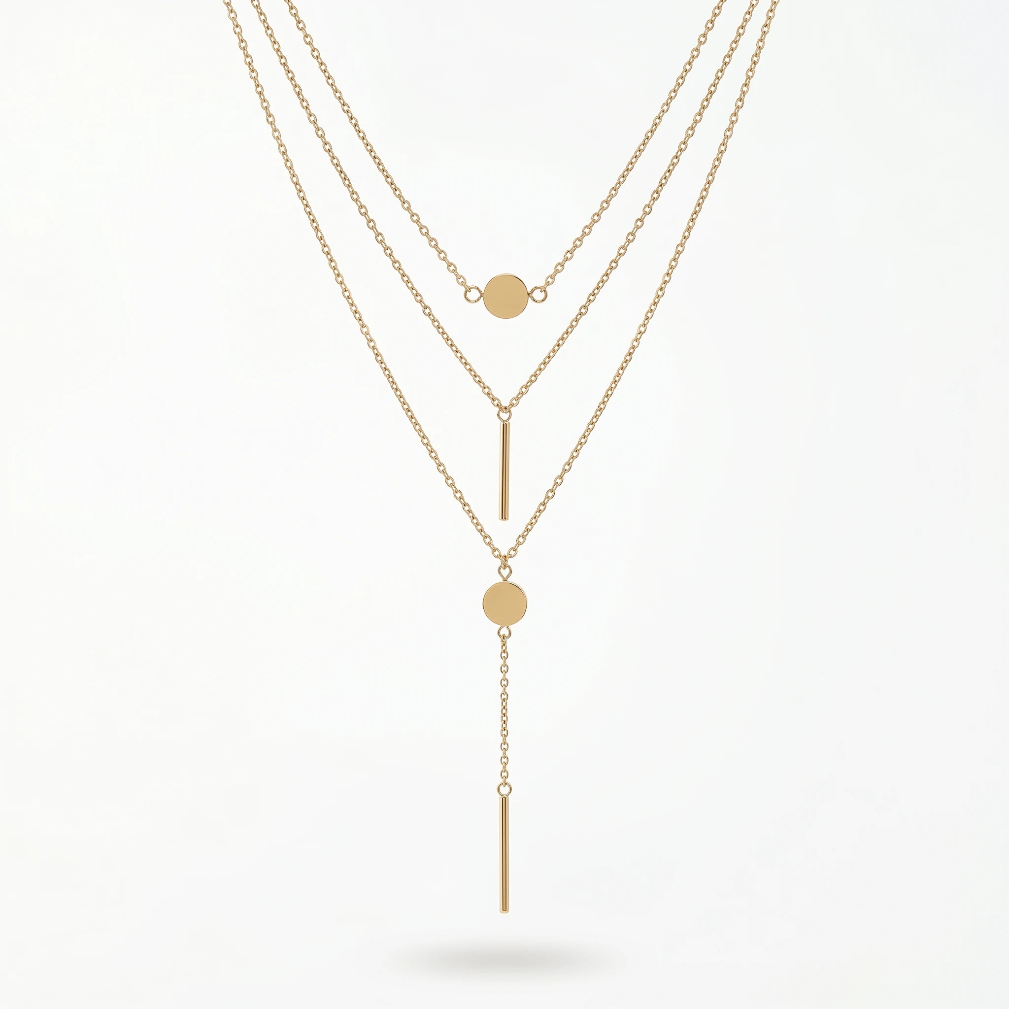 QIAOREN 11310 18K Gold Plated Triple Layered Y-Shaped Disc Bar Necklace Stainless Steel Tarnish Free Elongate Neck Jewelry