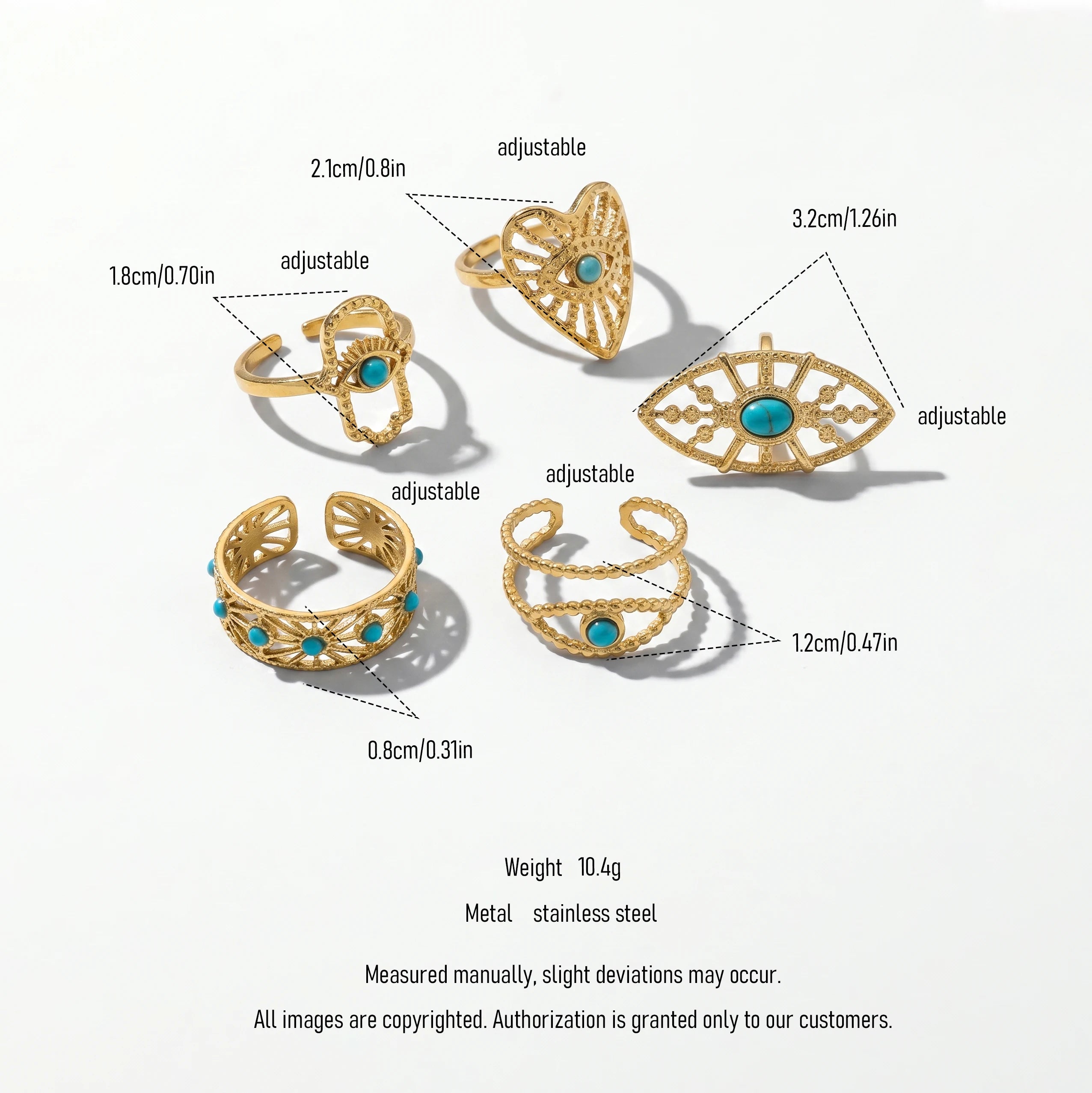 QIAOREN 13155-60 5Pcs Gold Turquoise Open Ring Set Boho Hollow Adjustable Stackable Stainless Steel Jewelry for Women