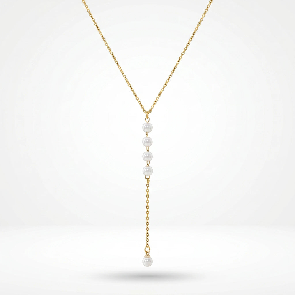 QIAOREN 13161 Gold Plated Pearl Y Necklace Stainless Steel Dainty Lariat Necklace Minimalist Pendant Jewelry for Women