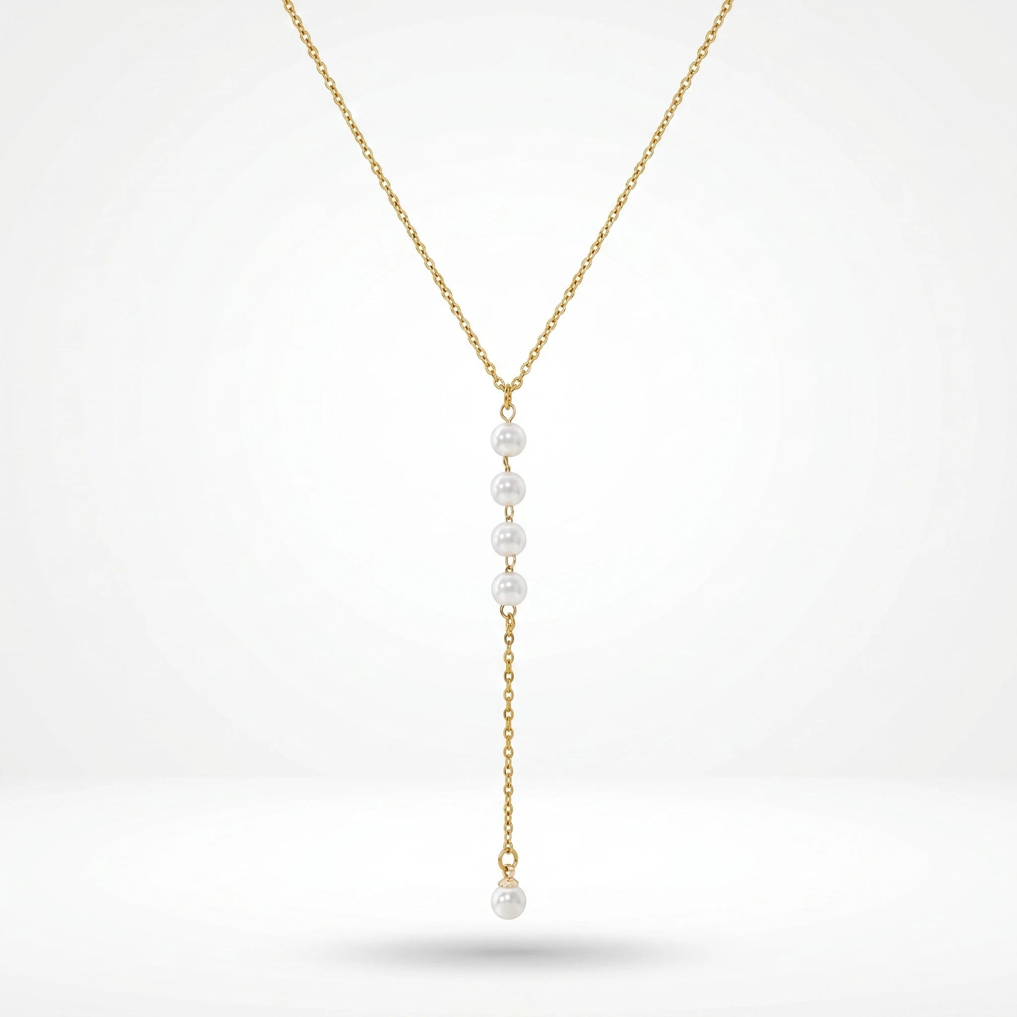 QIAOREN 13161 Gold Plated Pearl Y Necklace Stainless Steel Dainty Lariat Necklace Minimalist Pendant Jewelry for Women