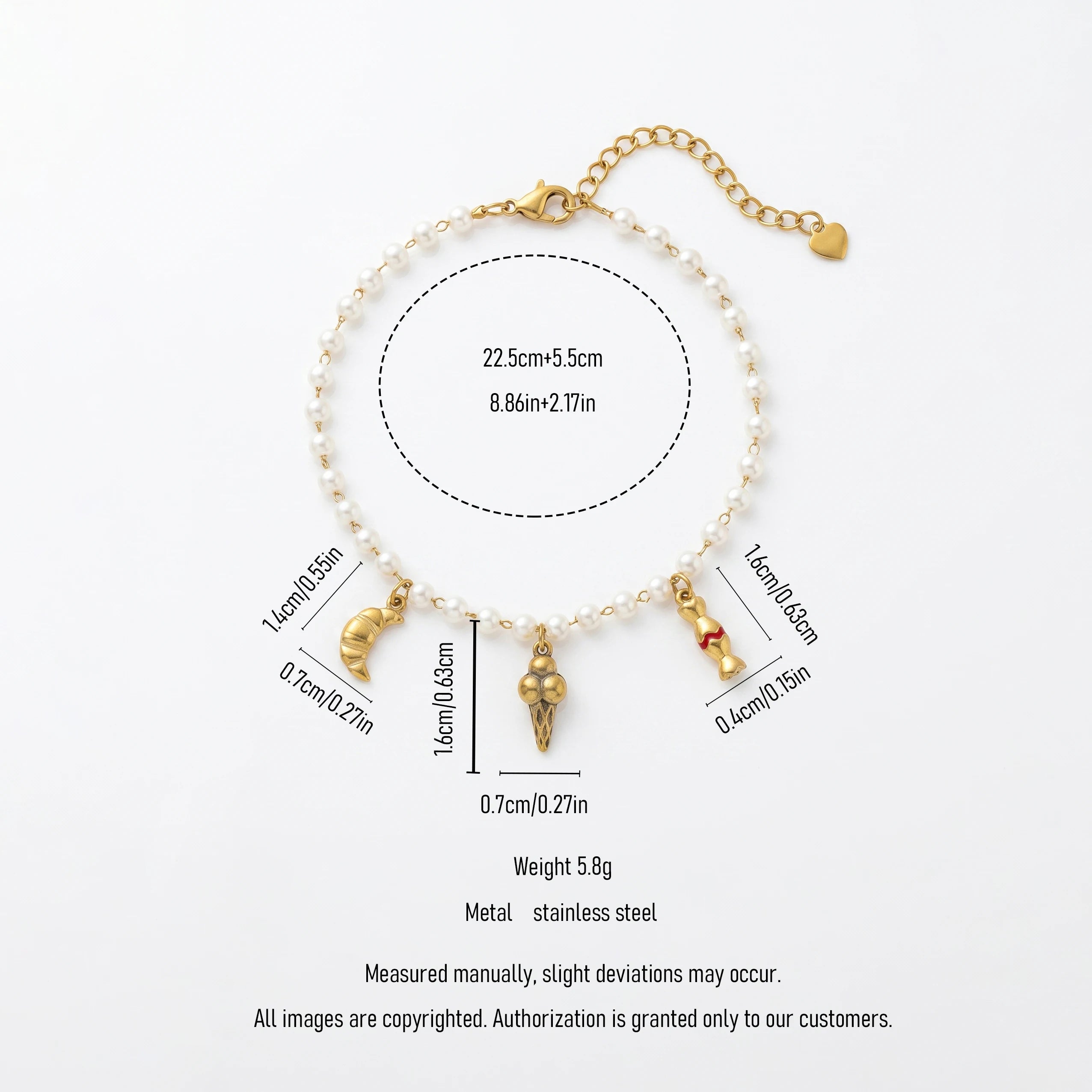 QIAOREN 13310 Pearl Beaded Anklet Gold Stainless Steel Ice-cream Candy Bread Charms Extender Dainty Summer Jewelry Gift
