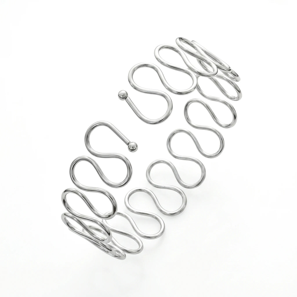 QIAOREN 12805 Stainless Steel Silver Multi Wave Open Cuff Bangle Adjustable Twisted Loop Wide Wrist Bracelet for Women