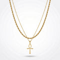 QIAOREN 11495 Rust Resistant Waterproof 18K Gold Plated Stainless Steel Ankh Symbol Layered Necklace