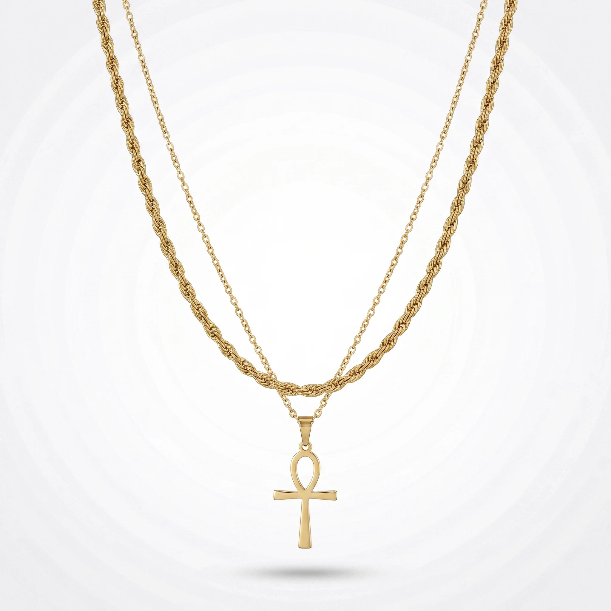 QIAOREN 11495 Rust Resistant Waterproof 18K Gold Plated Stainless Steel Ankh Symbol Layered Necklace