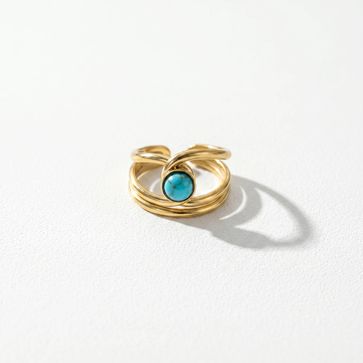 QIAOREN 13151-55 5Pcs Gold Stainless Steel Turquoise Open Ring Set Geometric Stackable Adjustable Boho Waterproof Jewelry