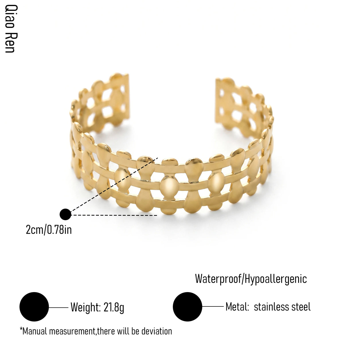 QIAOREN 14118 Stainless Steel Geometric Open Cuff Bracelet Gold Wide Waterproof Statement Jewelry OEM ODM