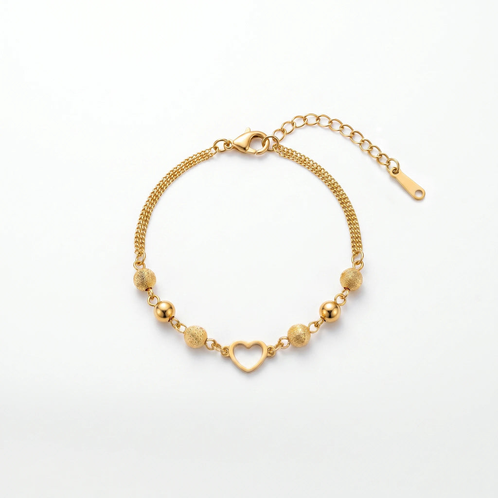 QIAOREN 13973 Stainless Steel Heart Charm Beaded Bracelet Gold Layered Chain Bracelet Adjustable Minimalist Jewelry for Women