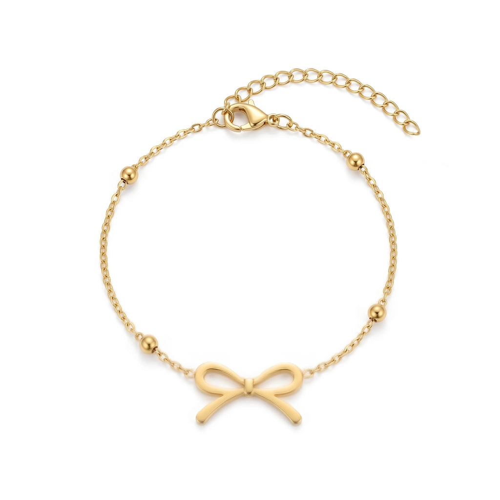 QIAOREN 11418 18K Gold Plated Bow Charm Bracelet With Ball Beads Stainless Steel Tarnish Free Waterproof Jewelry