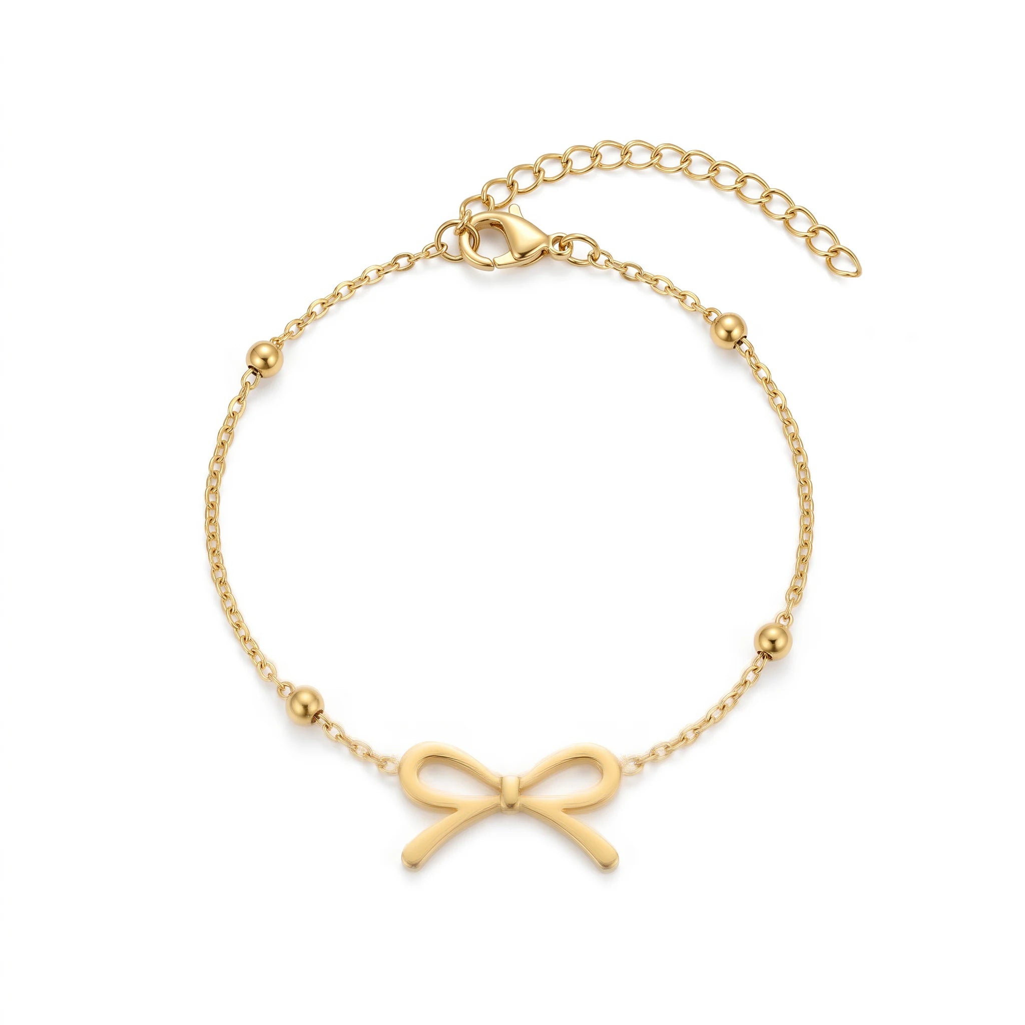 QIAOREN 11418 18K Gold Plated Bow Charm Bracelet With Ball Beads Stainless Steel Tarnish Free Waterproof Jewelry