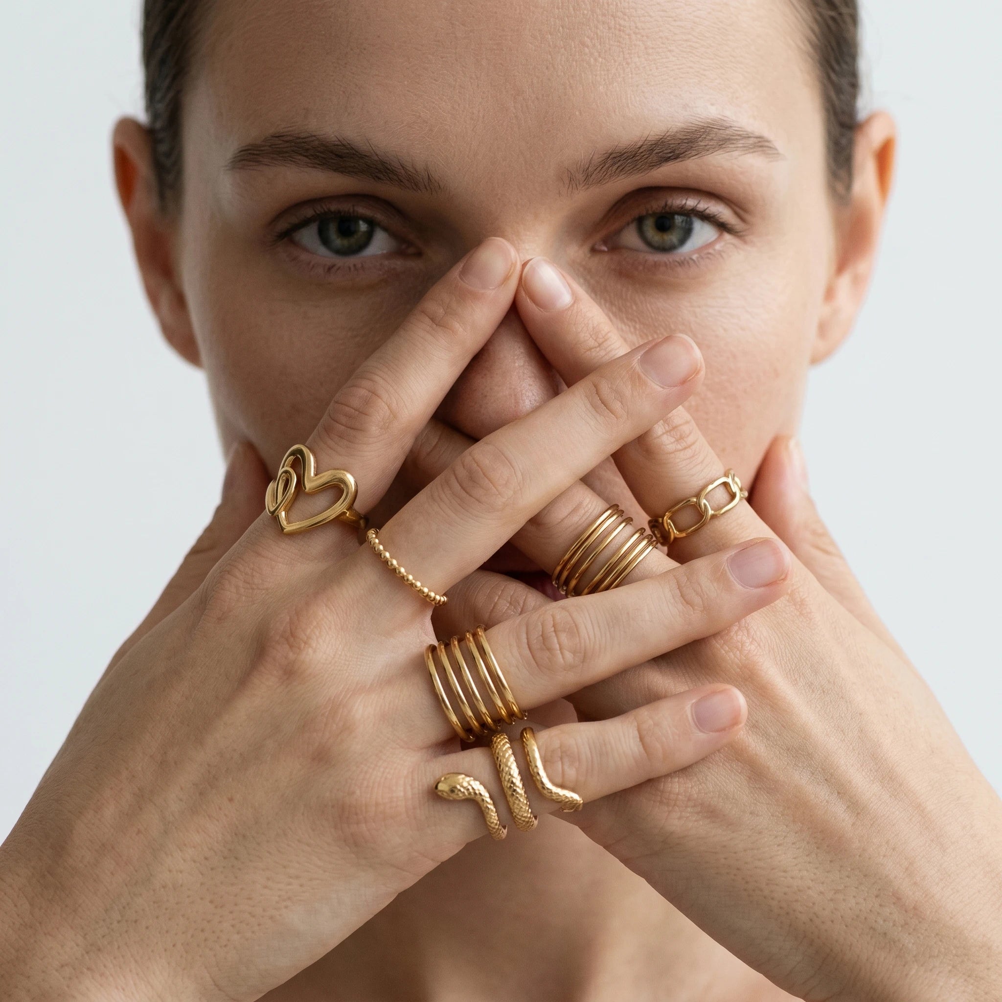 QIAOREN Stainless Steel Stackable Rings Set PVD Gold Plated Adjustable Open Ring Jewelry for Women