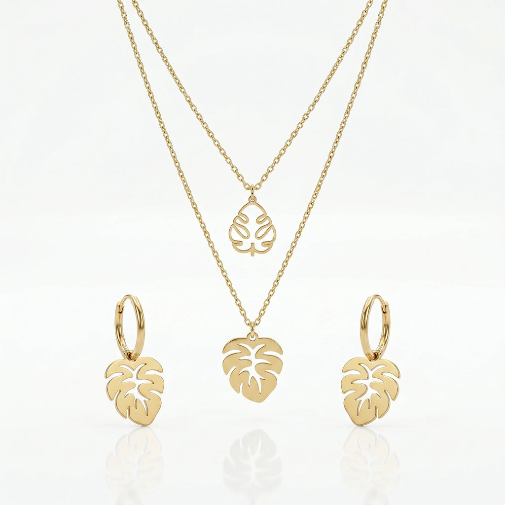 QIAOREN 11894 Waterproof Hollow Monstera Leaf Jewelry Set 18K Gold Stainless Steel 3Pcs Beach-Friendly All-Day Wear Jewelry