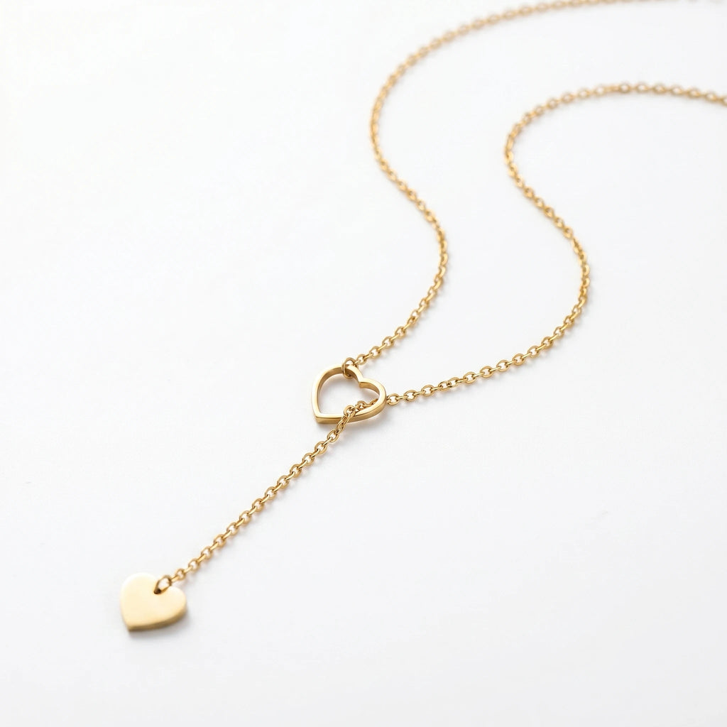 QIAOREN 12874 Gold Heart Y Lariat Necklace for Women Adjustable Dainty Drop Pendant Minimalist Gold Plated Love Jewelry Gift
