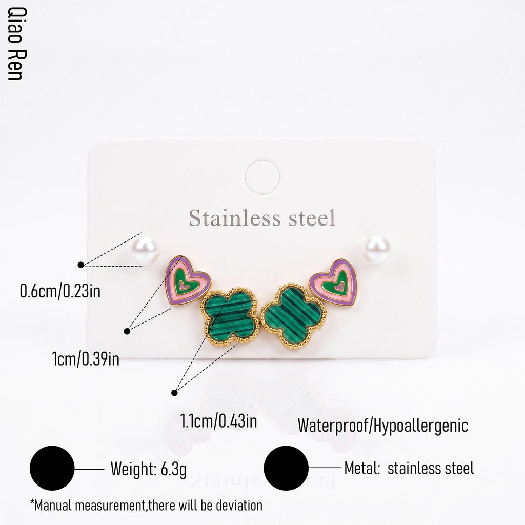 QIAOREN 14512 Stainless Steel Clover Earrings Pearl Heart Stud Earrings Waterproof Hypoallergenic Fashion Jewelry for Women