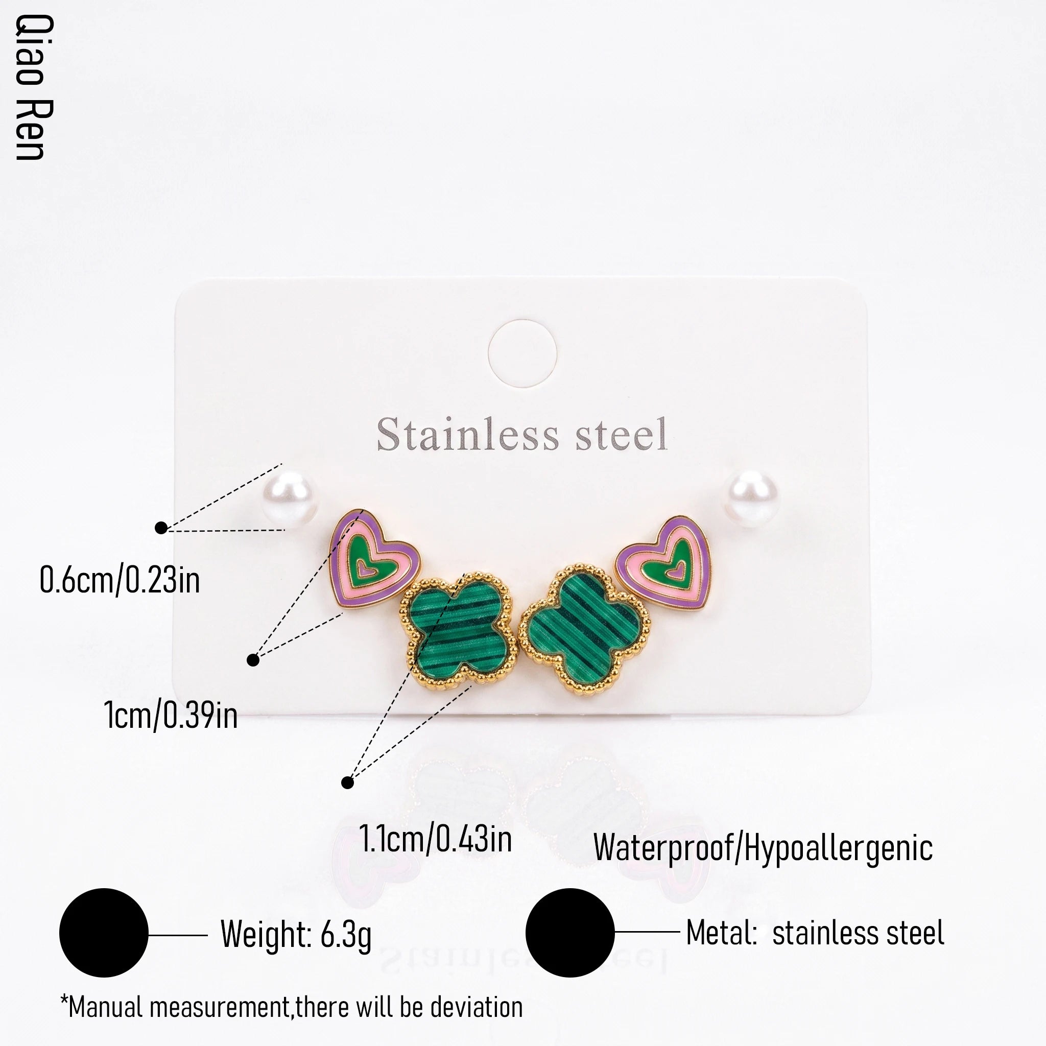 QIAOREN 14512 Stainless Steel Clover Earrings Pearl Heart Stud Earrings Waterproof Hypoallergenic Fashion Jewelry for Women