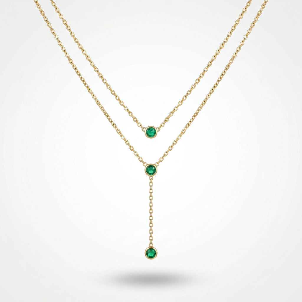 QIAOREN 11673 Dainty Green CZ Lariat Necklace 18K Gold Stainless Steel Double Layered Choker for Women