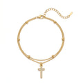 QIAOREN 11412 Dainty Boho Rhinestone Cross Layered Anklet 18K Gold Plated Stainless Steel Beach Foot Jewelry