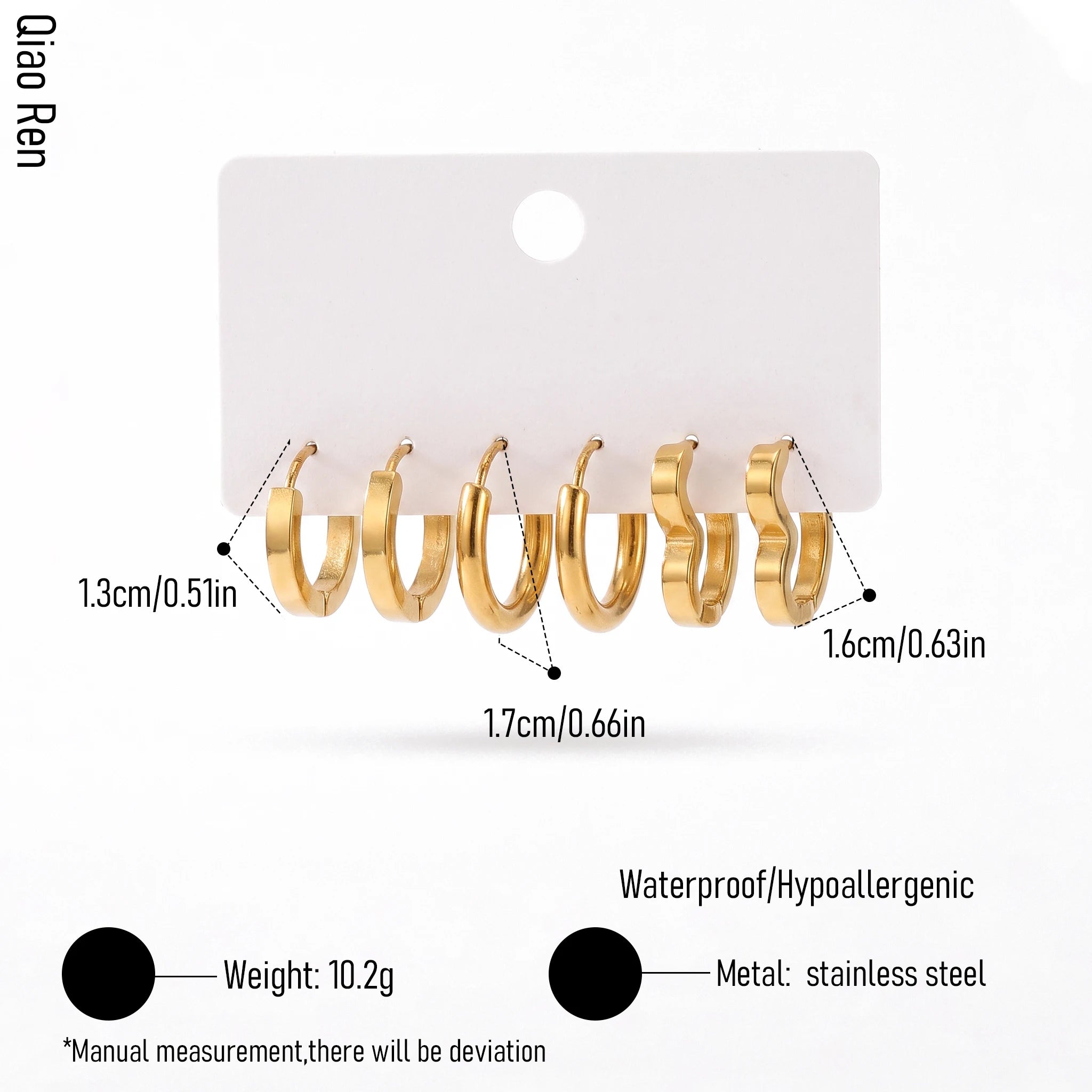 QIAOREN 14474 3 Pair Gold Stainless Steel Huggie Hoop Earrings Set, Flat Square, Thick Round & Wavy Shape