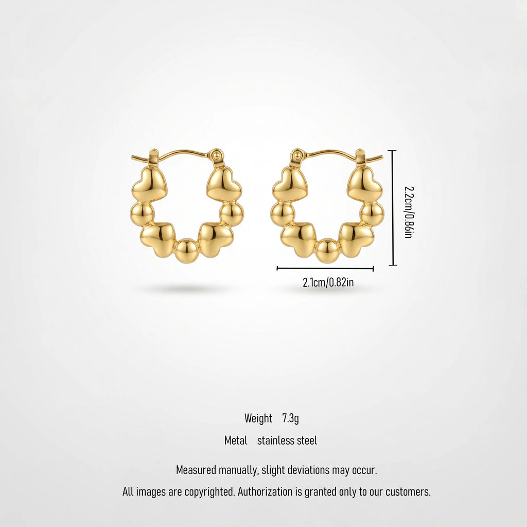 QIAOREN 13265 Gold Tone Heart Bead Wreath Circle Stud Earrings Polished Puffy Love & Ball Combo Click Back Studs Romantic Sweet