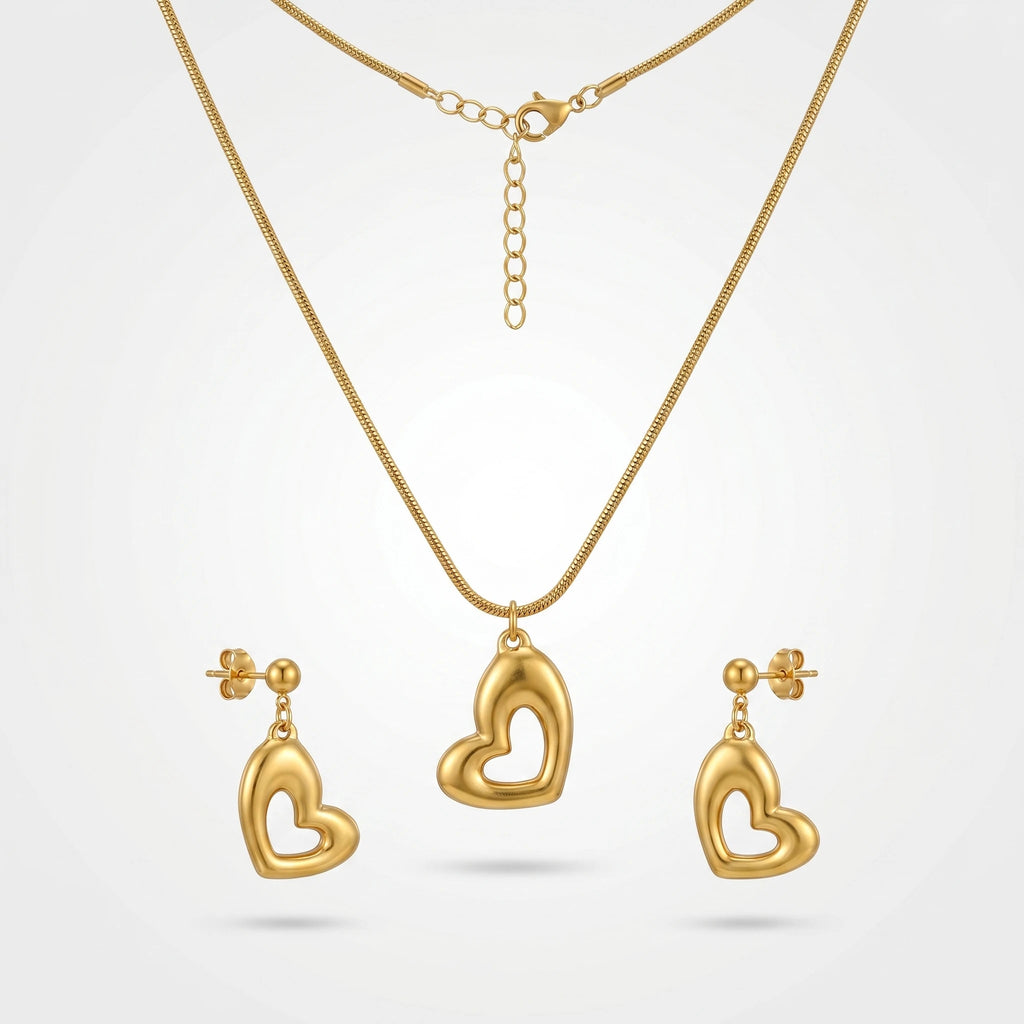 QIAOREN 11065 Premium Gold Hollow Heart Pendant Set Stainless Steel Elegant Jewelry for Women and Girls