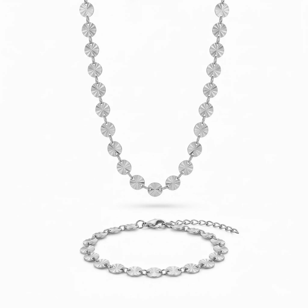 QIAOREN 10790 Trendy 18K Gold Plated Geometric Disc Chain Stainless Steel Adjustable Necklace Bracelet Set Fashion Jewelry