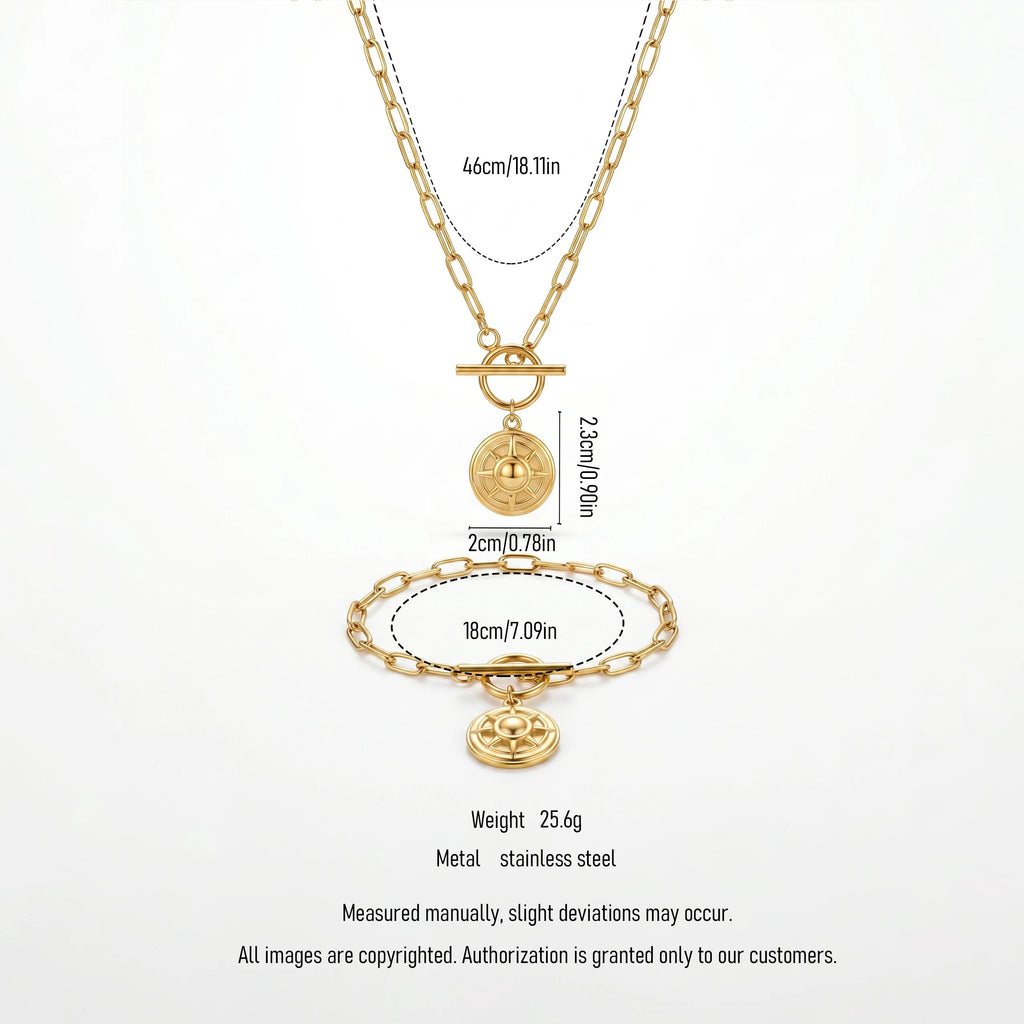 QIAOREN 11897 Waterproof Compass Sun Disc Jewelry Set 18K Gold Stainless Steel 2Pcs Toggle Clasp Paperclip Chain Jewelry