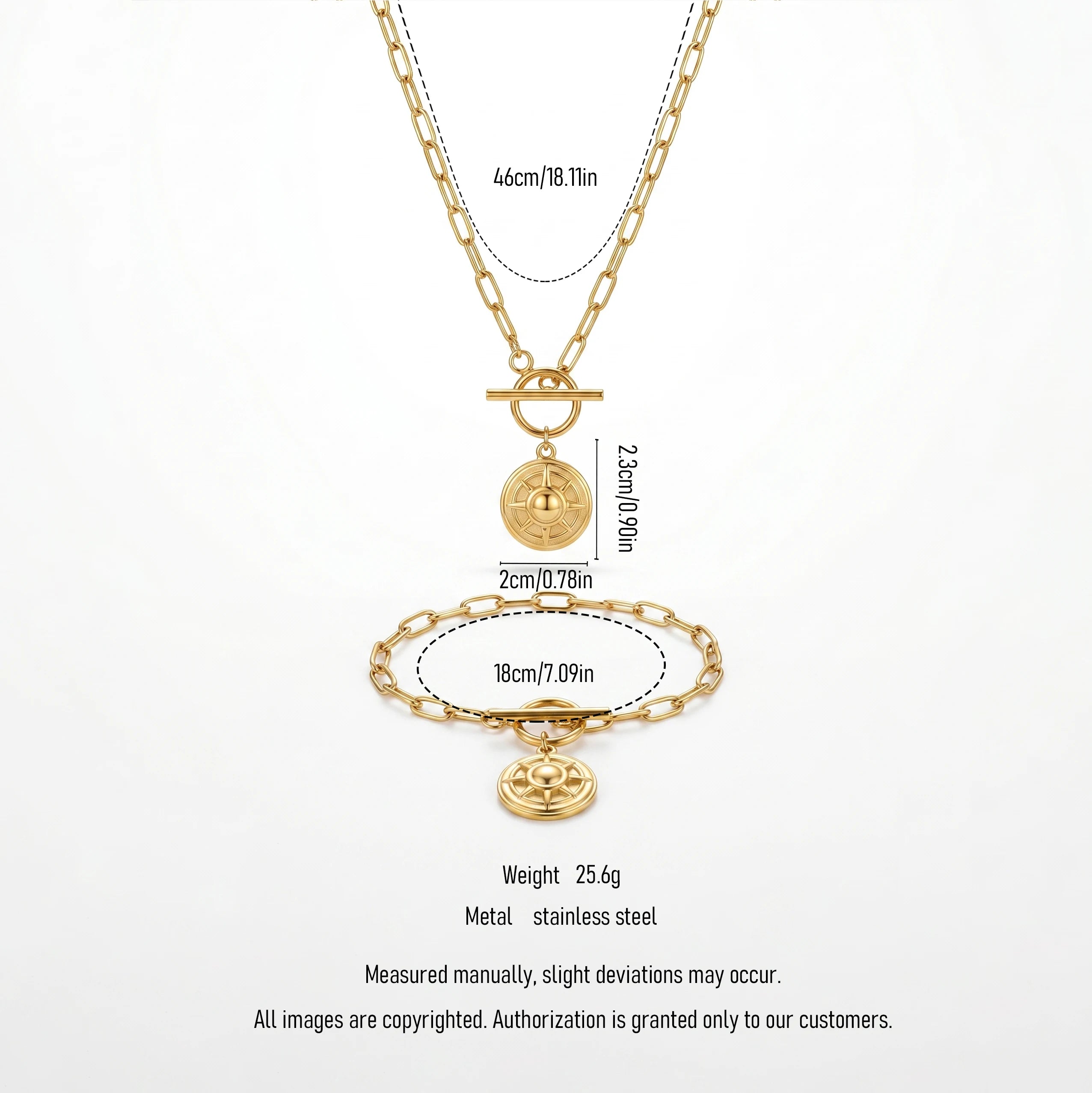 QIAOREN 11897 Waterproof Compass Sun Disc Jewelry Set 18K Gold Stainless Steel 2Pcs Toggle Clasp Paperclip Chain Jewelry