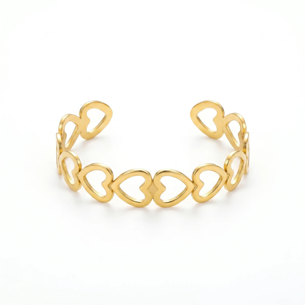QIAOREN 12723 Stainless Steel Adjustable Heart Open Cuff Bracelet 18K Gold Plated Hollow Heart Bangle for Women