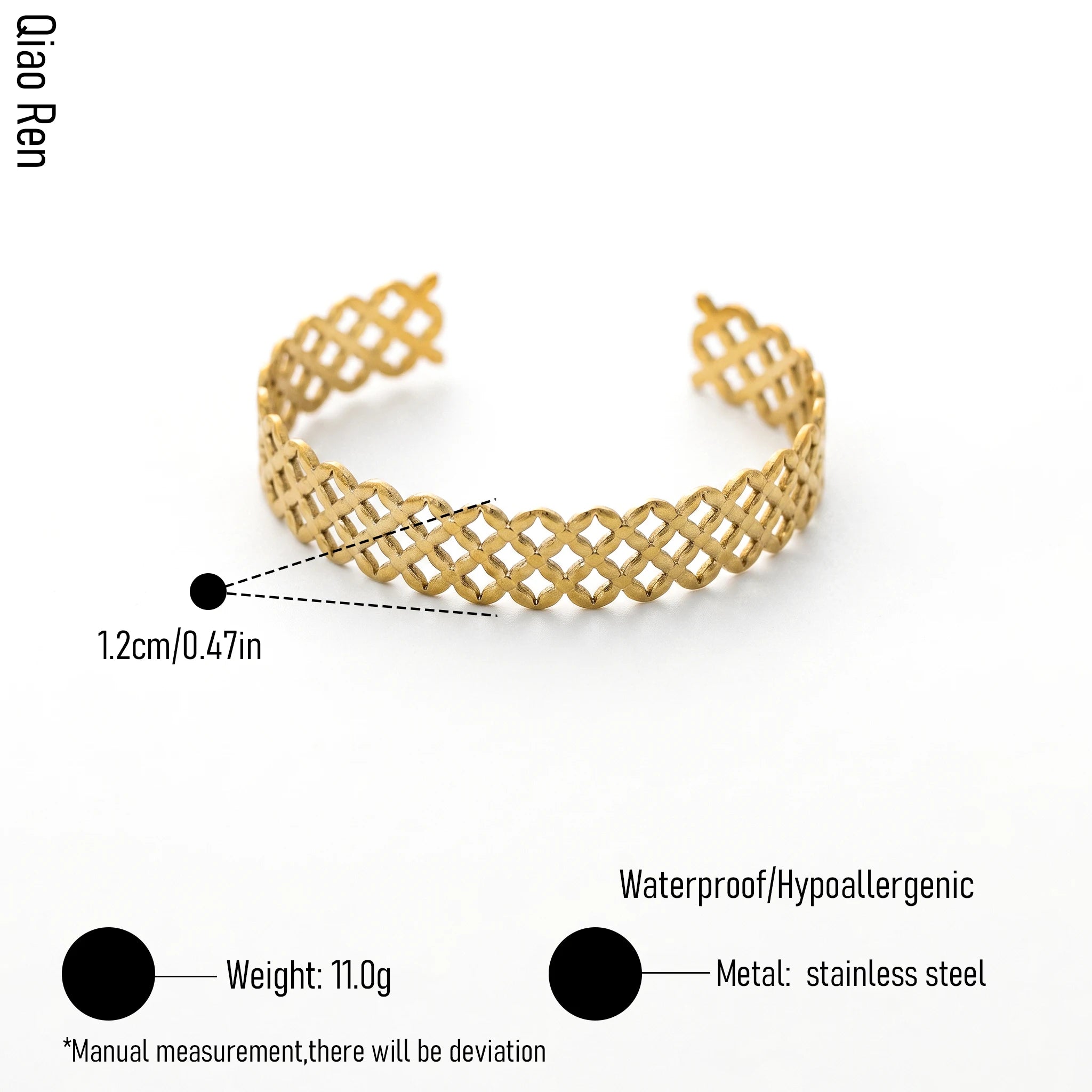 QIAOREN 14117 Stainless Steel Woven Open Cuff Bracelet Gold Lattice Waterproof Jewelry OEM ODM