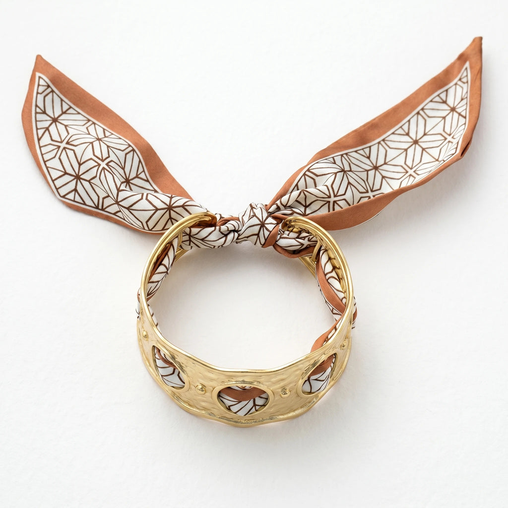 QIAOREN 10999 Luxury Hollow Wide Cuff Bracelet Stainless Steel Silk Ribbon Wrap Bangle for Women Summer Vacation Style