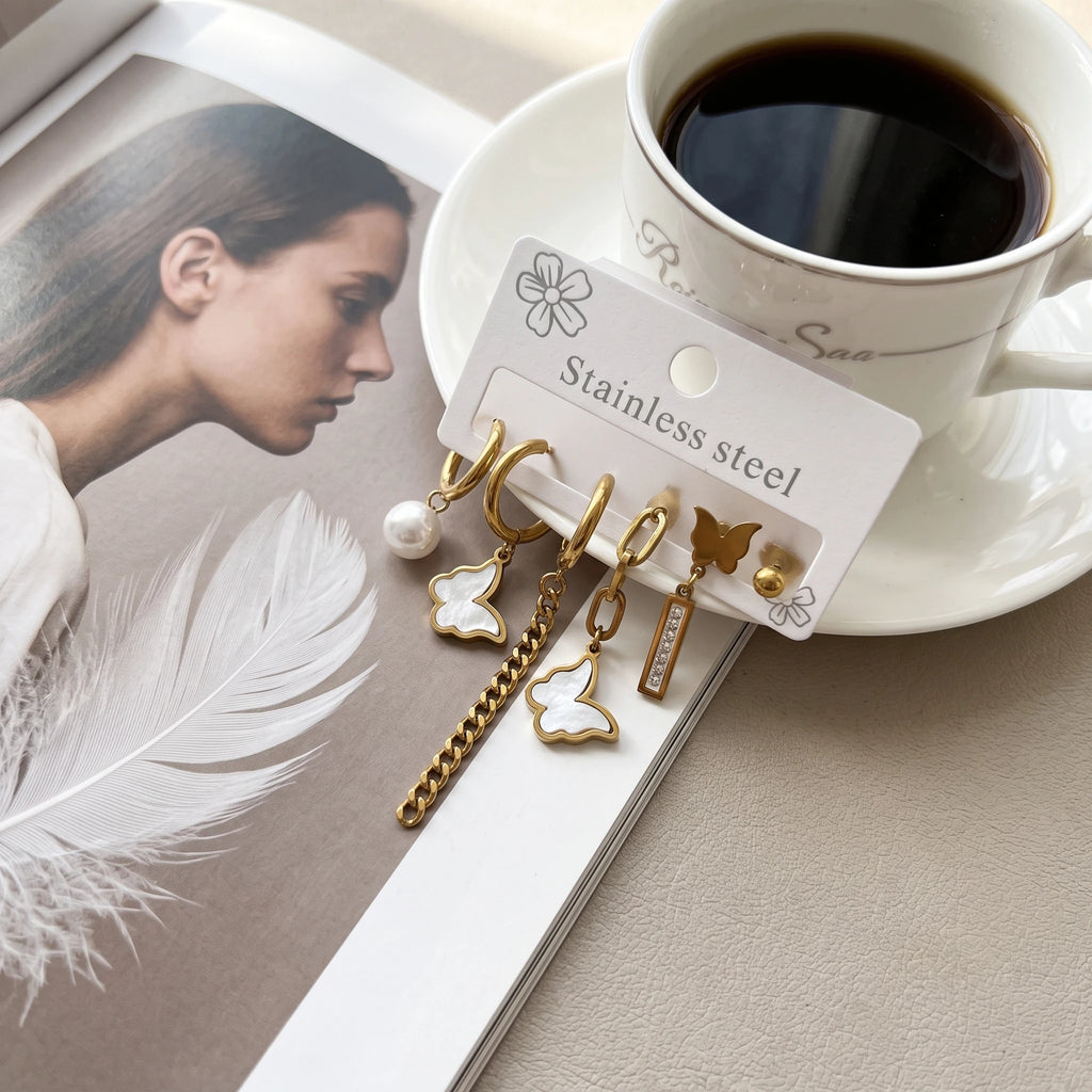 QIAOREN 14480 Stainless Steel Gold Huggie Hoop Earrings Set, Shell Butterfly, Pearl, Chain Tassel & Bar Zircon Dangle Jewelry