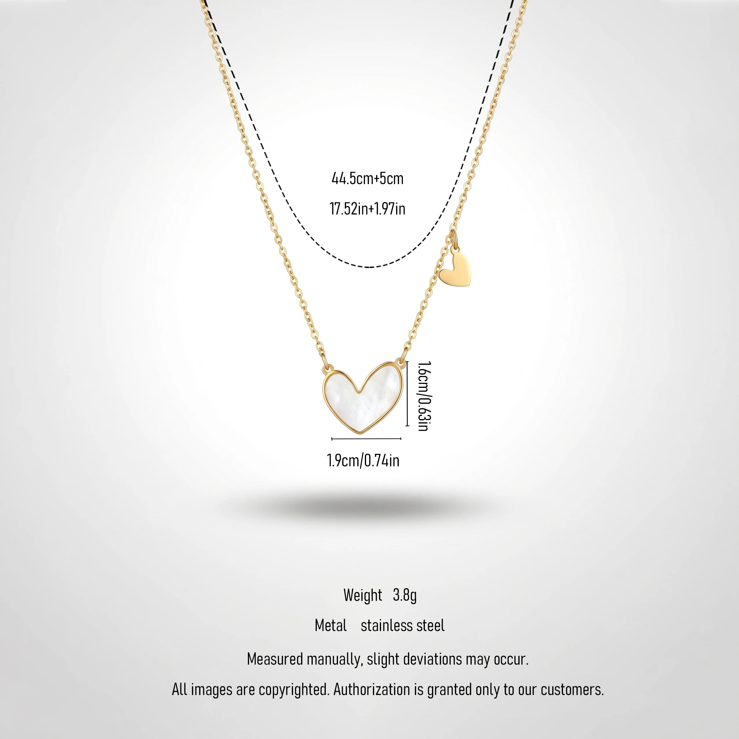QIAOREN 11679 Dainty Mother of Pearl Heart Necklace 18K Gold Stainless Steel with Mini Heart Charm for Women