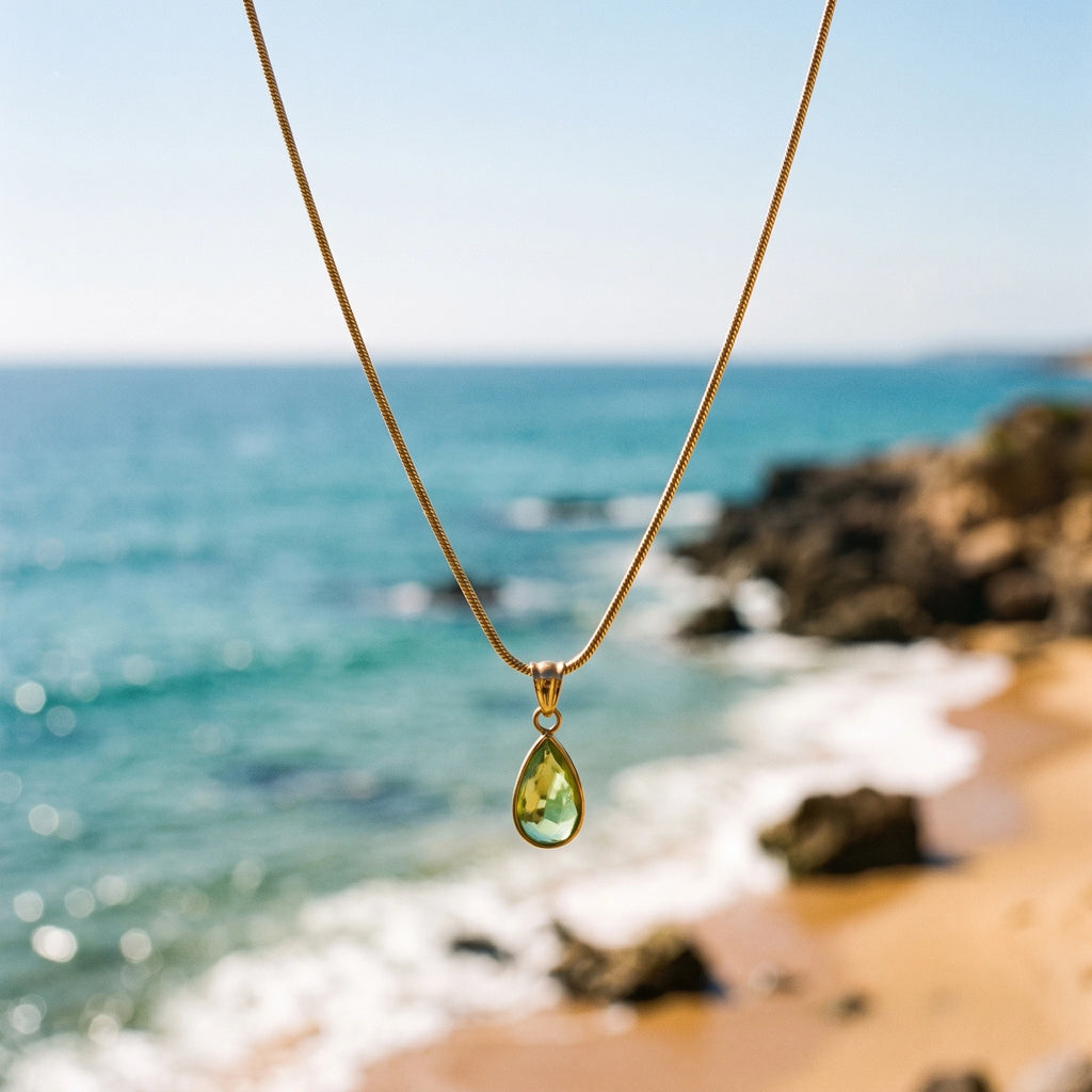 QIAOREN 13845-46 Stainless Steel Green Crystal Teardrop Necklace Waterproof Hypoallergenic Elegant Pendant for Women