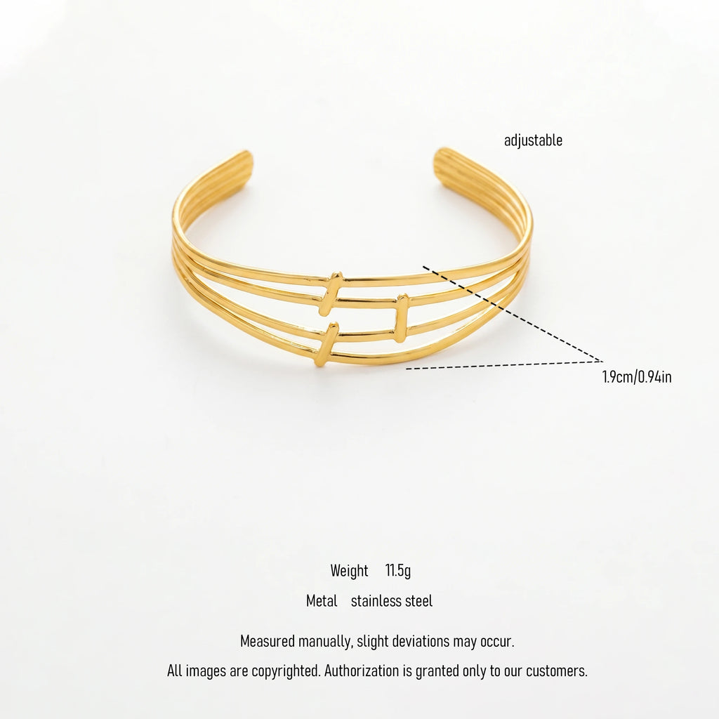 QIAOREN 12672 Sleek Triple Parallel Linked Rod Adjustable Open Cuff Bracelet Tarnish Free Stainless Steel 18K Gold  Line Wrist